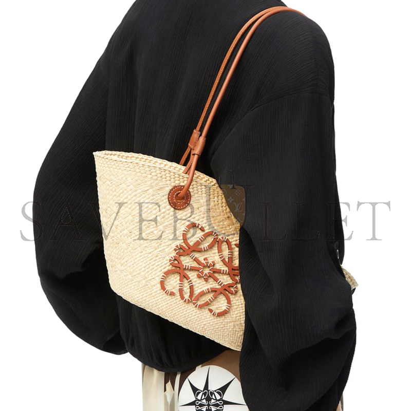 LOEWE SMALL ANAGRAM BASKET BAG IN IRACA PALM AND CALFSKIN A223P65X01-2435 (34*16.5*13cm)